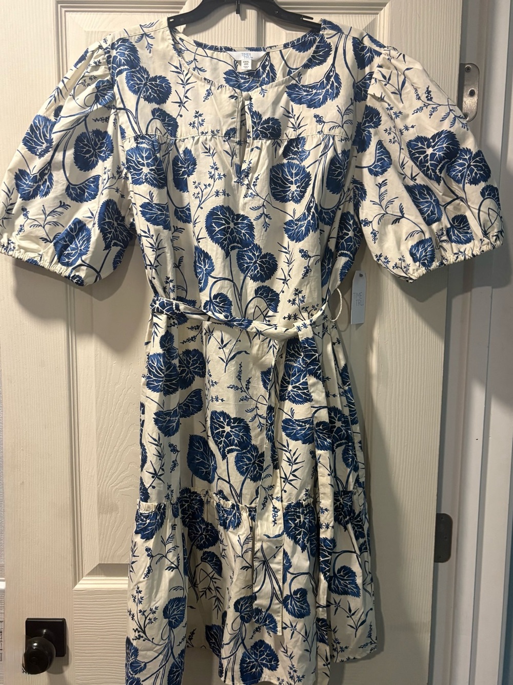 Time and Tru Cream Midi Dress with Blue Floral Print